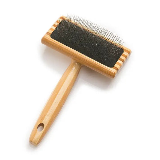Pet grooming brush with bamboo handle