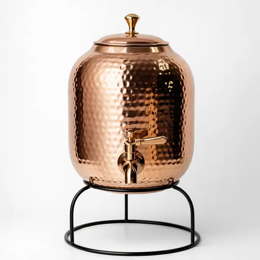 Hammered copper water dispenser with tap and stand
