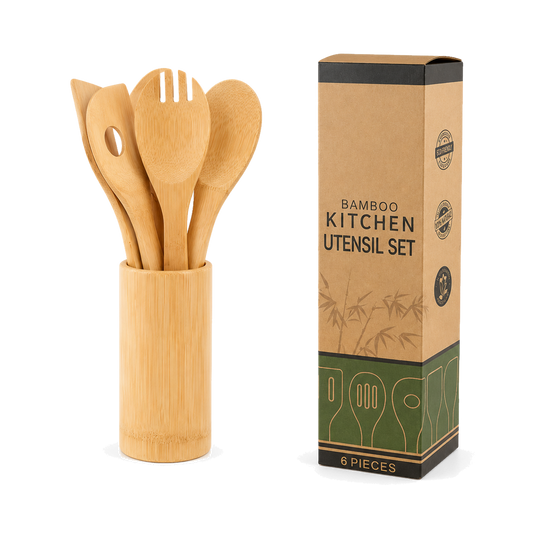 Bamboo utensil set in a bamboo holder, beside its box