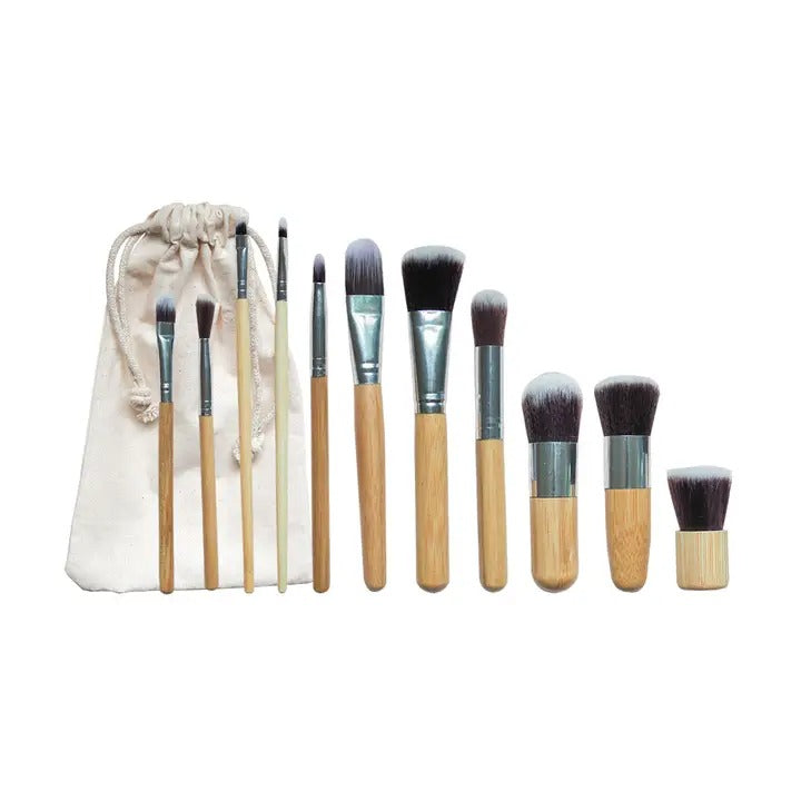Bamboo makeup brush set, 11 pieces, with jute pouch