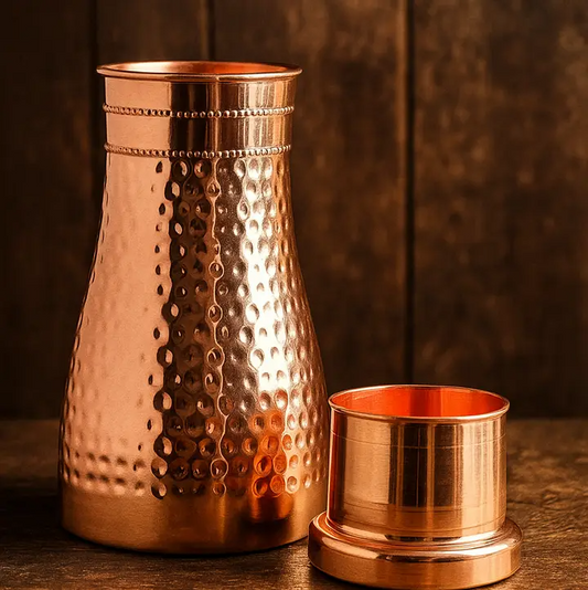 Hammered copper bedside bottle with copper glass lid, 950 ml