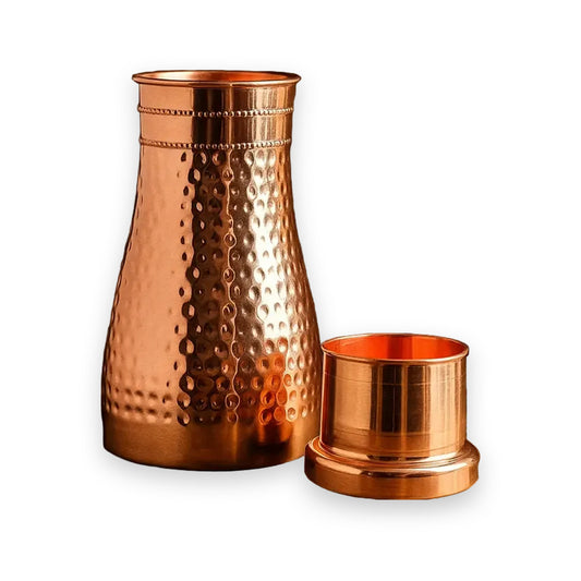 Hammered Copper Bedside Bottle with Glass – 950 ml
