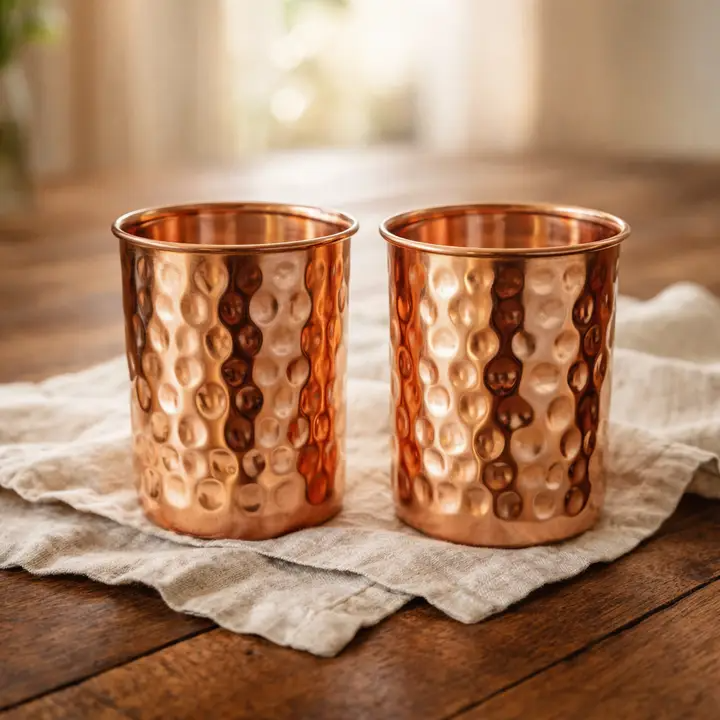 Set of two hand-hammered copper glasses, 300 ml