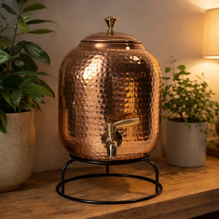 Hammered copper water dispenser with stand – view 3