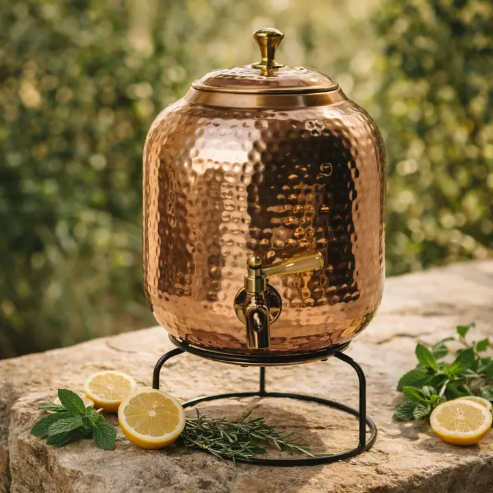 Hammered copper water dispenser with stand – view 4