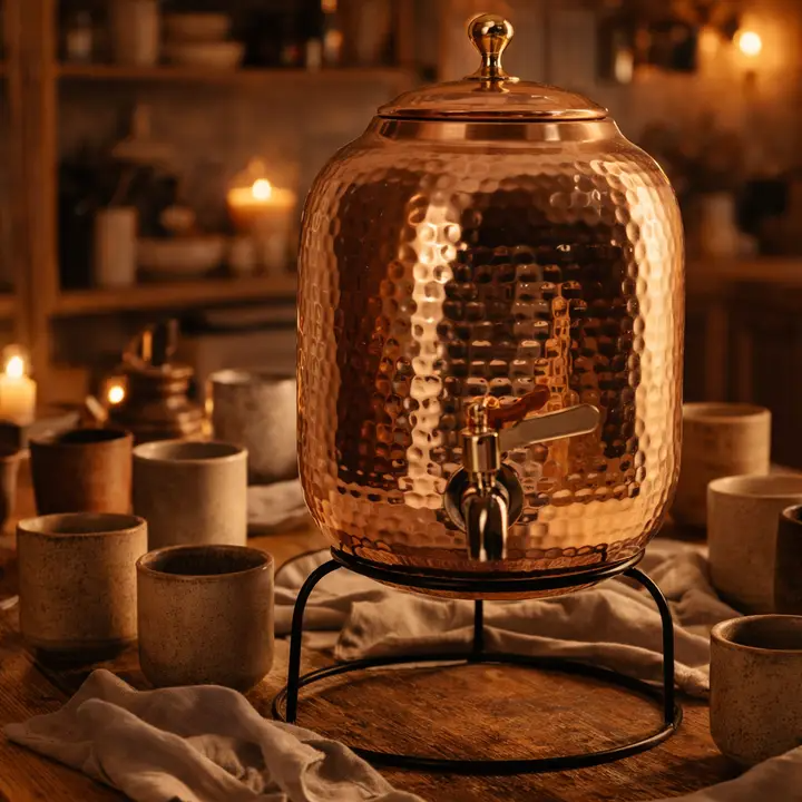 Hammered copper water dispenser with stand – view 2
